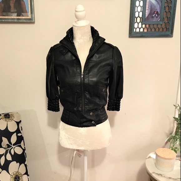 3 4 Sleeve Women Faux Leather Jacket